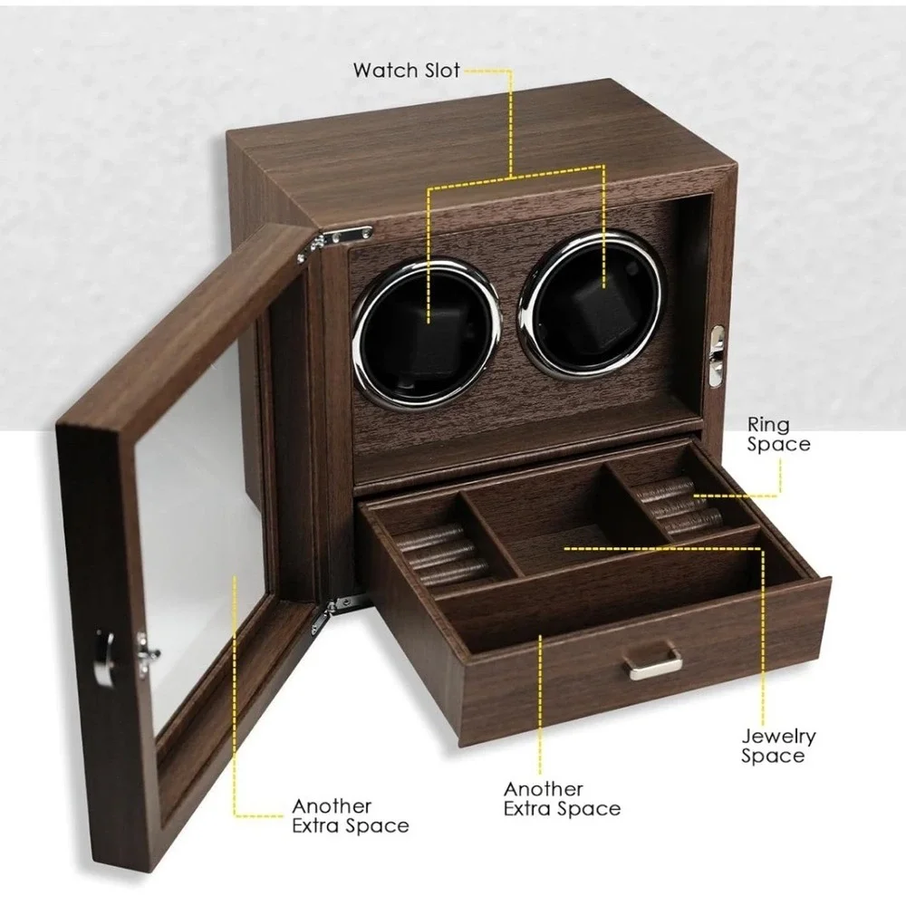 Double Automatic Watch Winder Jewelry Box Walnut Wood Rechargeable Dual Rotator‎